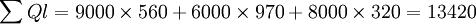 \sum Ql=9000\times560+6000\times970+8000\times320=13420